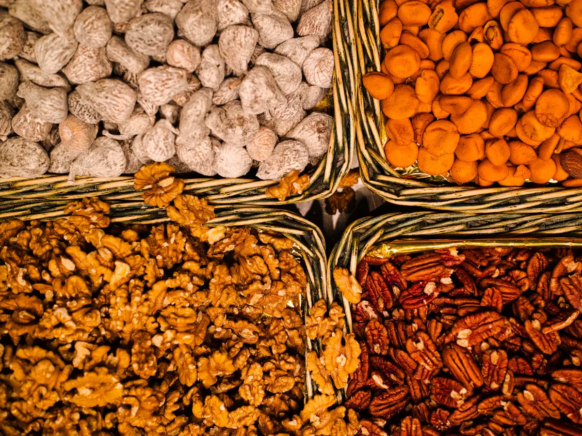 Baskets of sorted nuts and dried fruits