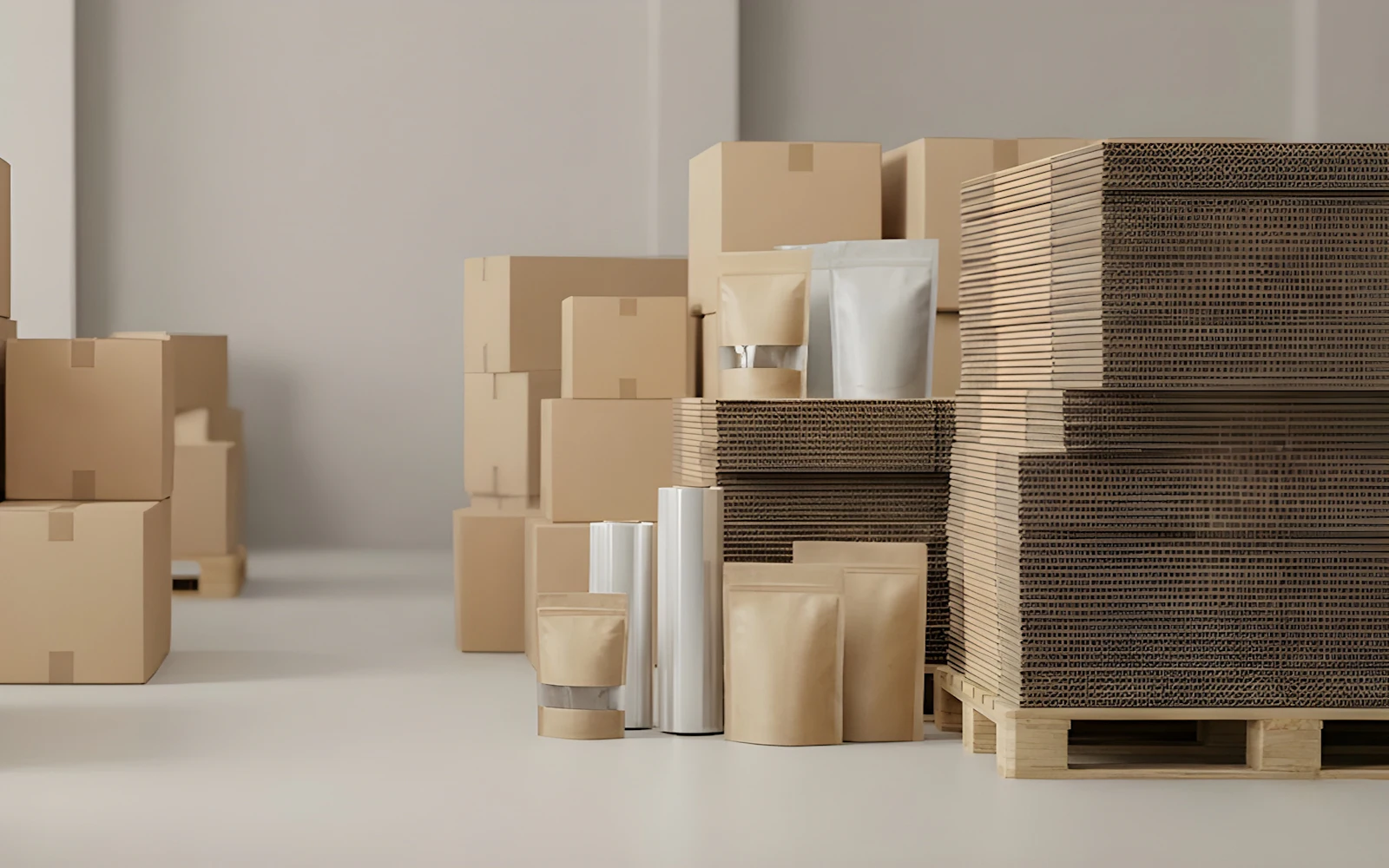 Cardboard boxes and packaging supplies in a warehouse