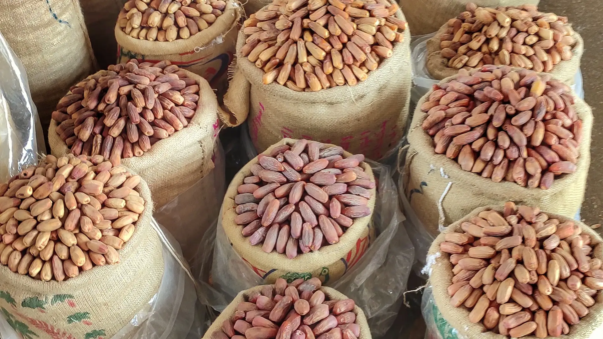 Open sacks filled with almonds at a wholesale market